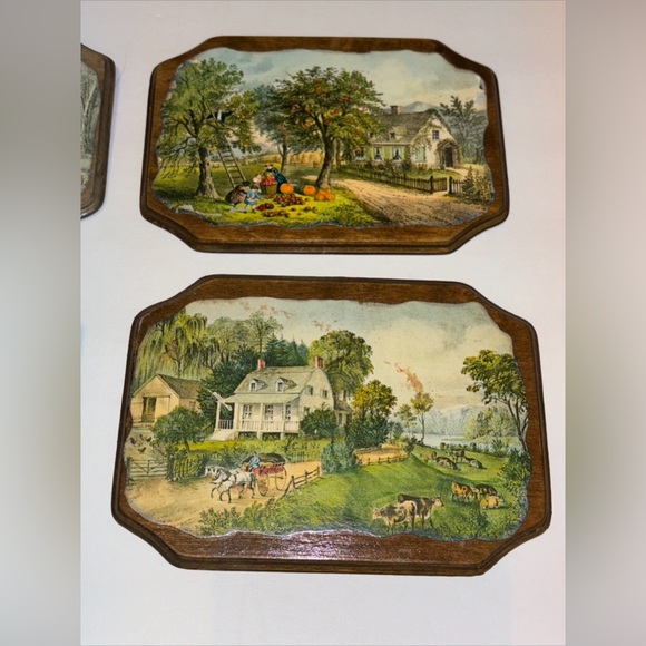 Vintage Currier Ives Prints Decoupage Wooden Plaques w/ Hangers 5"x7" Set Of 4 - Picture 4 of 10